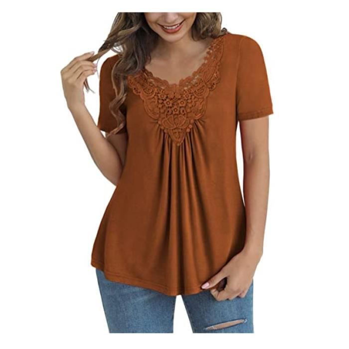 T Shirt Femme Ete Tee Shirt Mode Manches Courtes Dentelle Crop Top Chic Petit Haut Femme Chic Chemise Casual Col V chameau XXL Chameau Cdiscount Pret a Porter