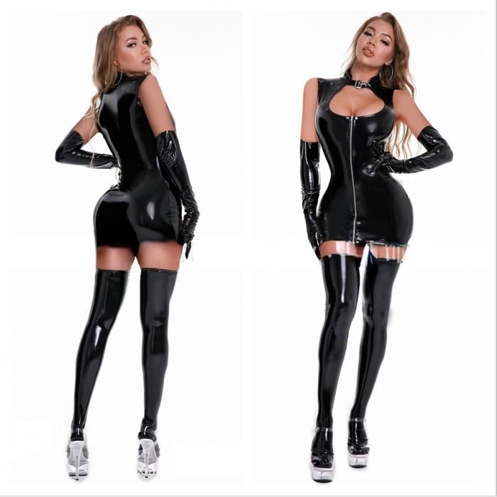 Robe Clubwear Sexy En Cuir Verni - Dos Nude Avec Fermeture Éclair - Brillant Et Moulant - Taille S à 4XL