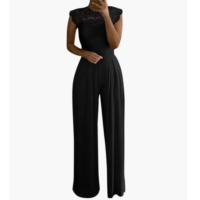 Combinaison Femme Chic pour SoireE Taille Haute Combinal Coutures en Dentelle Sexy Long Wide Leg Jumpsuit Salopette Noir Noir Cdiscount Pret a Porter