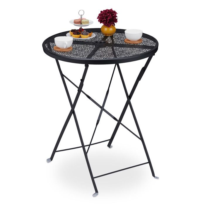 Relaxdays Table de jardin pliante HxD 715 x 605 cm résistant aux intempéries trou pour parasol rond acier noir