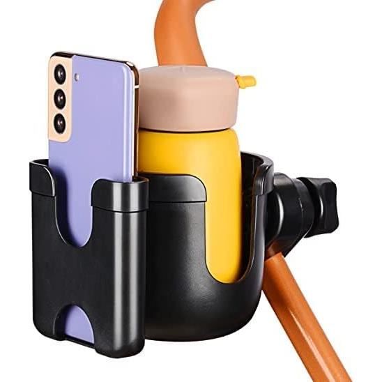 Porte-Gobelet Poussette 360° - Support Téléphone 2 En 1 - Universel Poussette, Vélo, Déambulateur - Noir