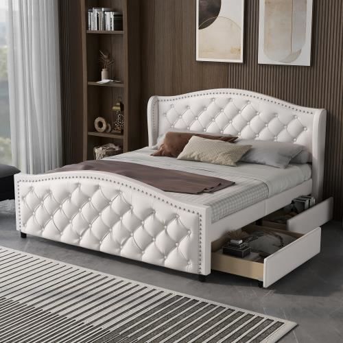 Lit Double 140x190 Avec Tiroirs Et LED - Tête De Lit Rembourrée Velours Beige - USB, Rangement - Sommier Inclus