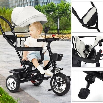 Tricycle évolutif 4-en-1 – Poignée Ajustable, Canne, Cloche – 9 Mois à 5 Ans – Gris Clair
