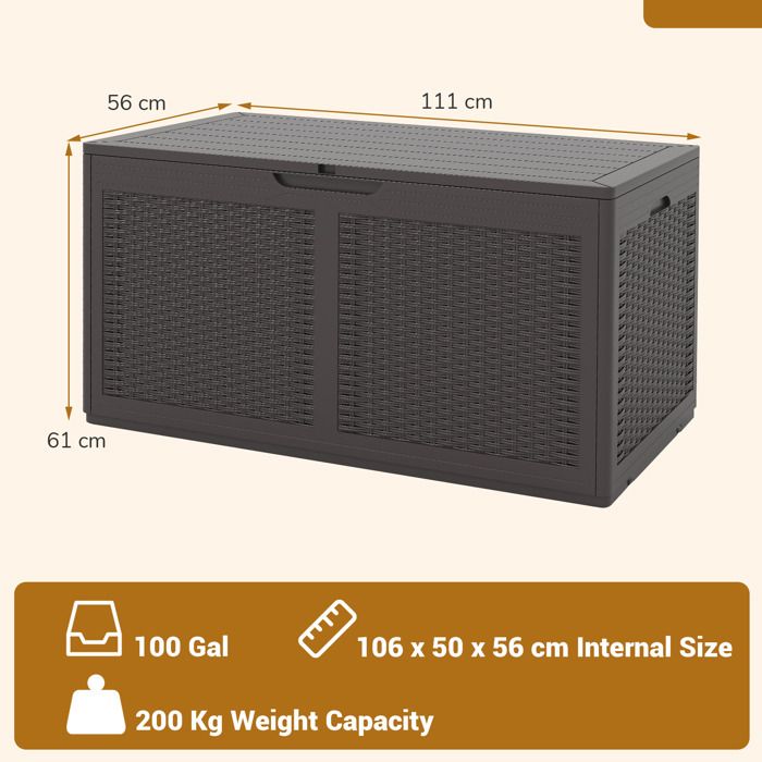 Coffre Jardin Extérieur GOPLUS 400L - Rangement Patio Avec Couvercle Verrouillable Marron