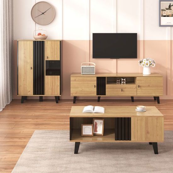 Meuble Tv Suspendu Blanc Brillant Avec Pieds Noirs - 170 X 30 X 39 Cm - 3 Portes + Tiroir + Porte Pliante - Style Minimaliste Salon Meuble TV Bas