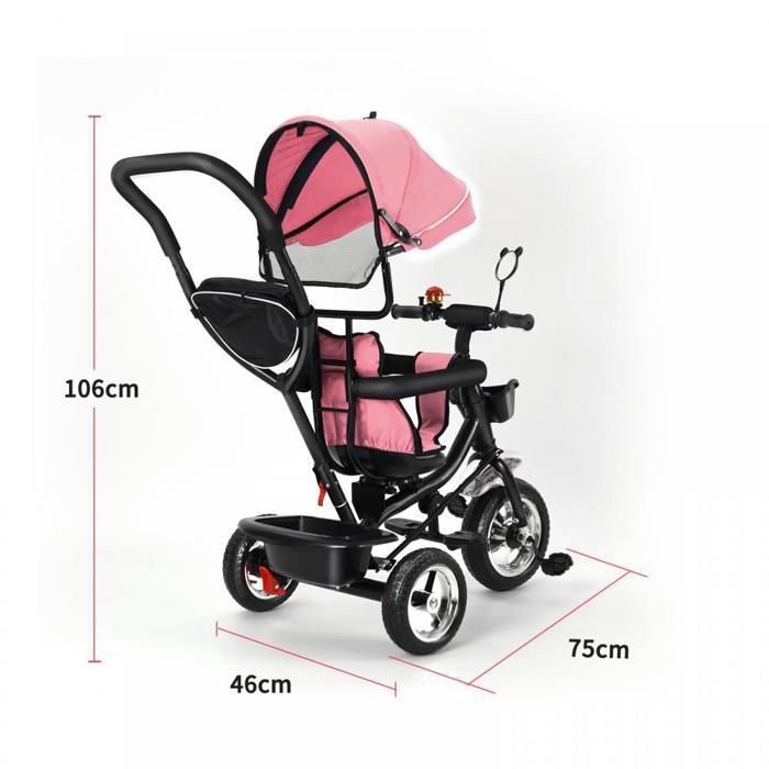 Tricycle Enfant 4-en-1 – Dès 10 Mois à 25 Kg – Siège Rotatif, Tige De Poussée Réglable, Auvent – Porte-gobelet, Panier, Sonnette