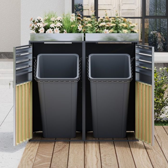 Cache-poubelle Double 132x80x124,5 cm - Abri avec Bac à Fleurs ...