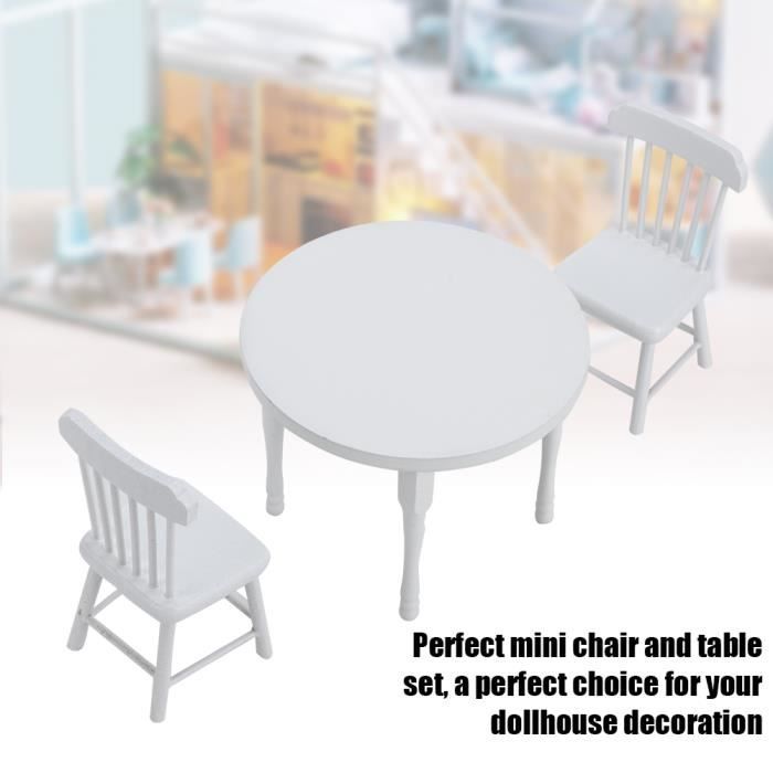 Qiilu Accessoire de maison de poupée 1:12 Table à manger blanche en bois  miniature et deux chaises ensemble de meubles de cuisine