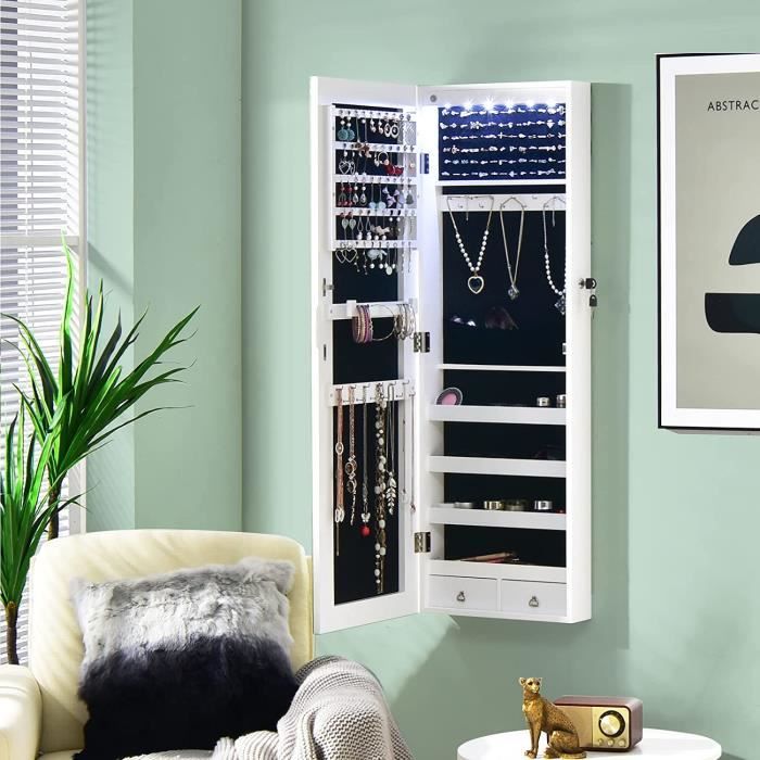 Armoire à Bijoux Murale COSTWAY Avec LED - 4 Tiroirs, 4 étagères, Miroir Rabattable - Verrouillable - Blanc - 2