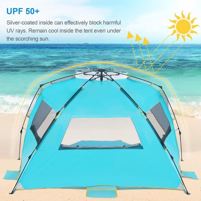 Elegear Tente De Plage Pop Up – 4-5 Personnes – Abri Solaire Avec Auvent – Bleue