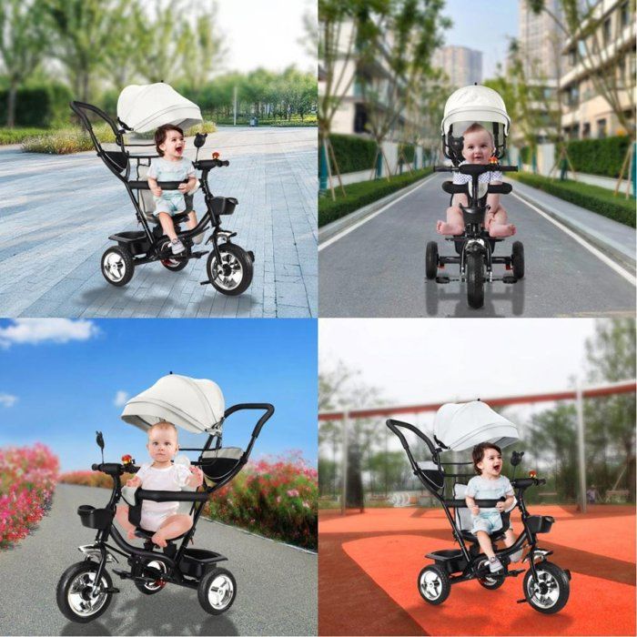 Tricycle Évolutif Bébé 1-5 Ans – Cloche, Rétroviseurs, Auvent, Paniers – Rouge – Livraison France Métropolitaine