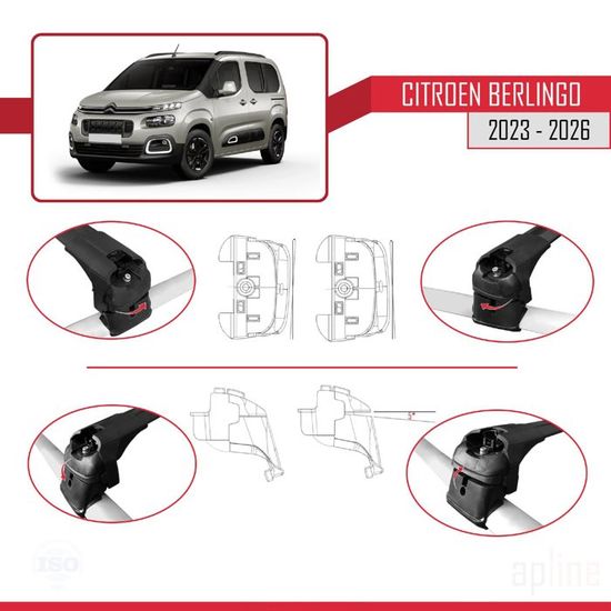 Barres De Toit Aluminium 3 Pièces – Compatible Citroën Berlingo 3 (2019-2022) Basic – Charge 75 Kg