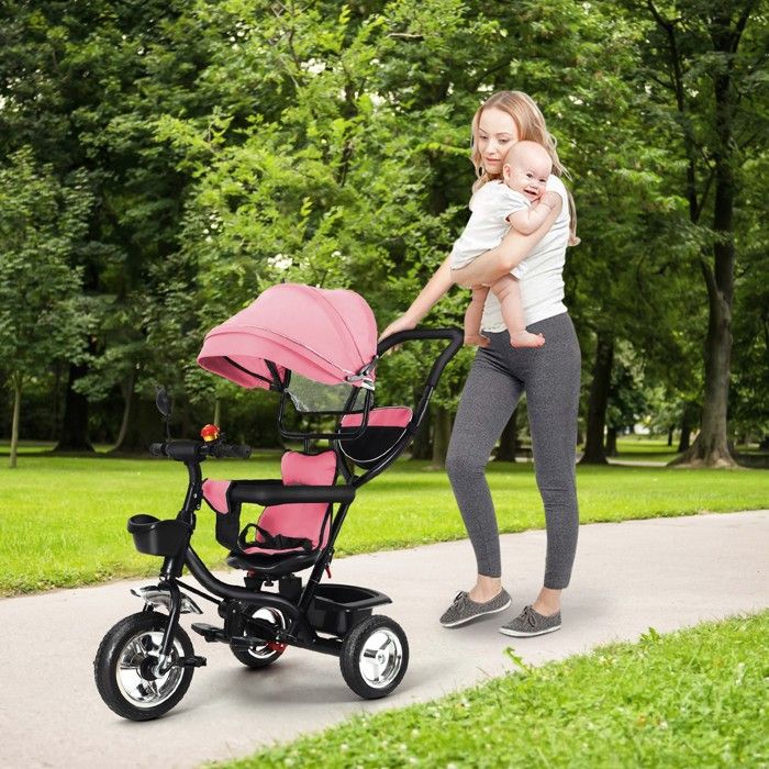 Tricycle évolutif 4 en 1 pour bébé de 9 mois jusqu'à 25 kg, avec tige de poussée réglable en hauteur, siège pivotant avant et arrière, auvent rabattable