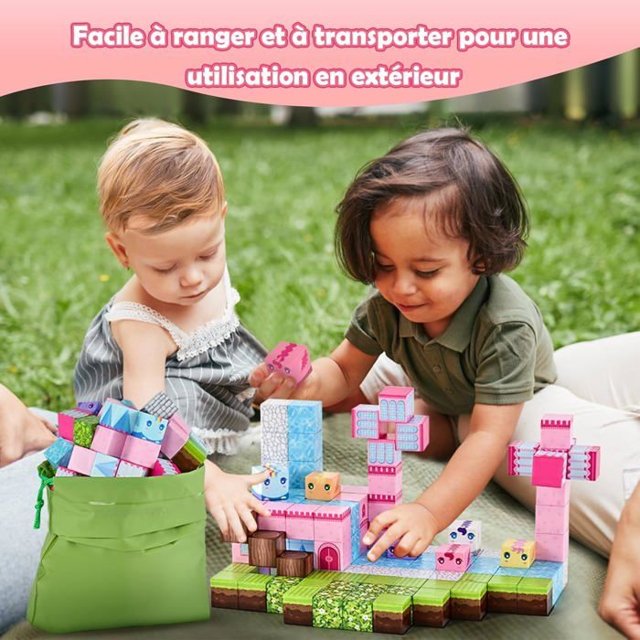 Olvy Jeu de 100 blocs de construction magnétiques Montessori pour enfants - Jeu de construction magnétique à partir de 3 ans - Briques lumineuses et carreaux magnétiques - Jouet TEM (Marmer