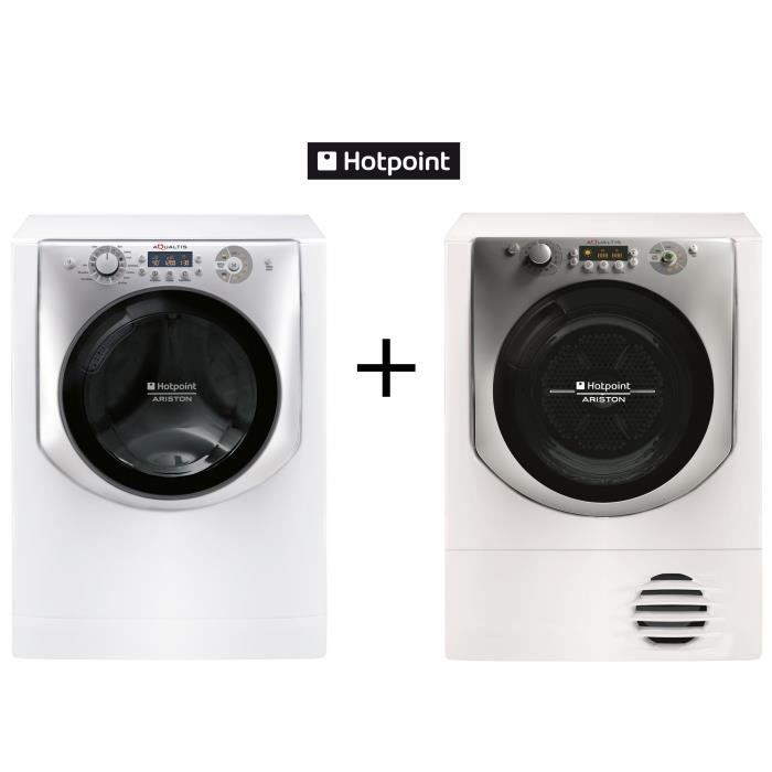 Pack Lavage/Séch HOTPOINT : PWAQ92F29 FR-Lave-linge 9 kg 1200 trs A++ Moteur induction + AQC92F7TM21-Sèche-linge 9kg Pompe à Chaleur
