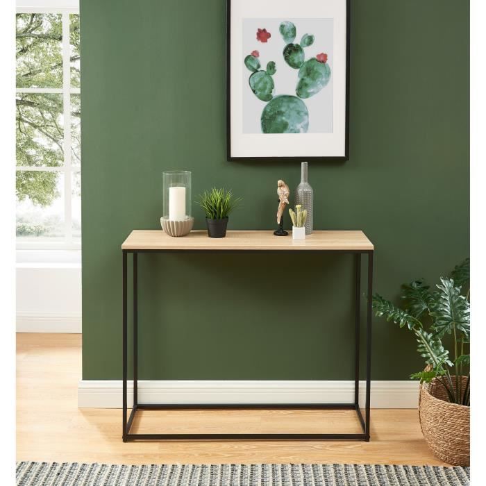 ARCHE Console - Style industriel en MDF et métal - Décor chêne et noir - L 100 x P 30 x H 80,5 cm