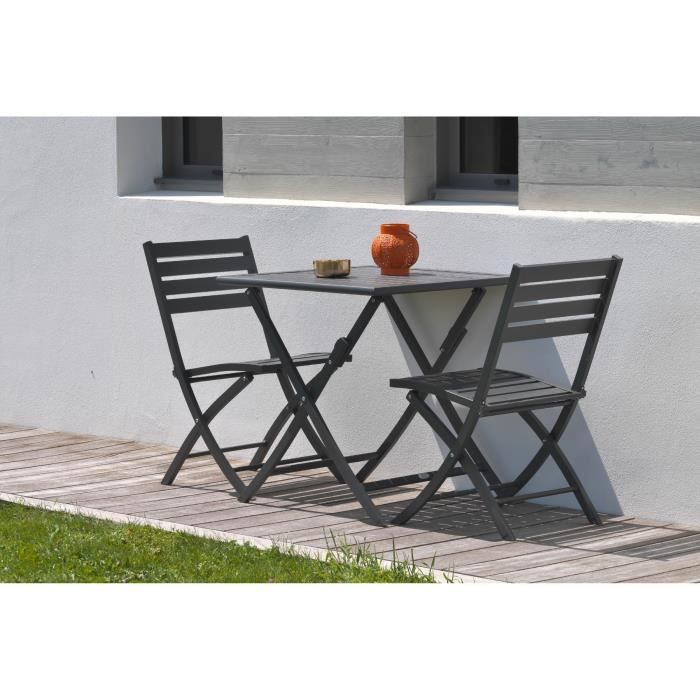 DCB GARDEN Guéridon pliant Marius 70 x 70 cm + 2 chaises pliantes en aluminium - Gris anthracite