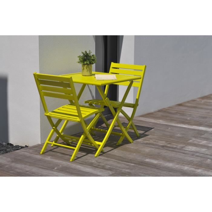 DCB GARDEN Guéridon pliant Marius 70 x 70 cm + 2 chaises pliantes en aluminium - Jaune