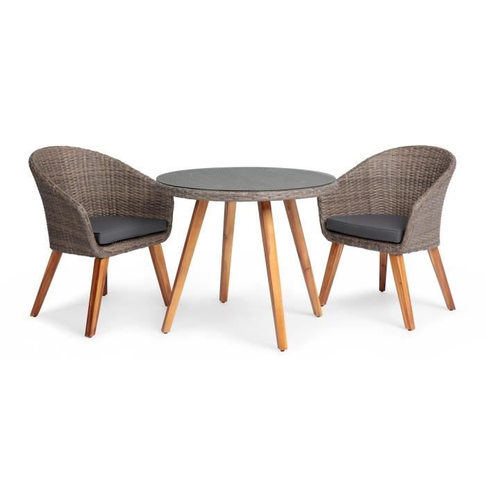 Ensemble repas de jardin 2 personnes - Table ronde Diam 90 cm en Acacia FSC, aluminium et résine tressée - plateau en verre trempé +