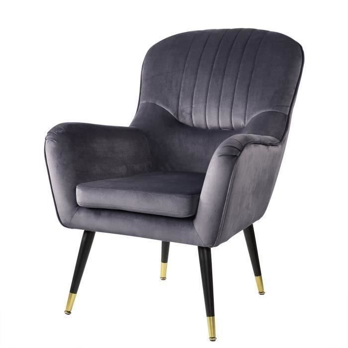 PEARL Fauteuil Pieds Métal - Velours Gris - L 70 x P 70 x H 90 cm