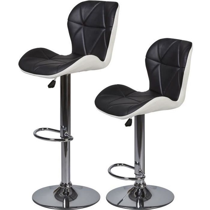 Lot de 2 tabourets de bar télescopique - Simili Noir et blanc - Pieds métal chromé - L 48,5 x P 46 x H 60 cm - MAYA