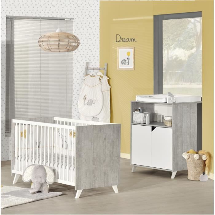 BABYPRICE SCANDI GRIS Lit bébé 60x120cm + commode 2 portes et 1 niche