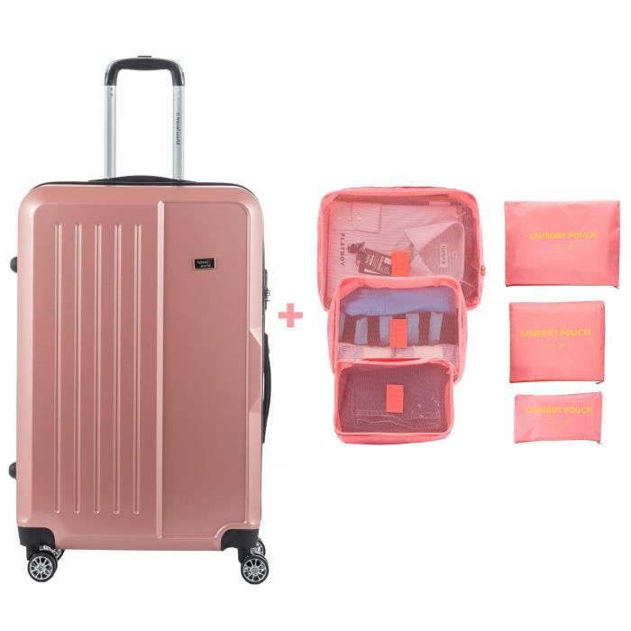 TRAVEL WORLD Valise grande taille 75cm + 6 organisateurs de voyage - Couleur Or rose