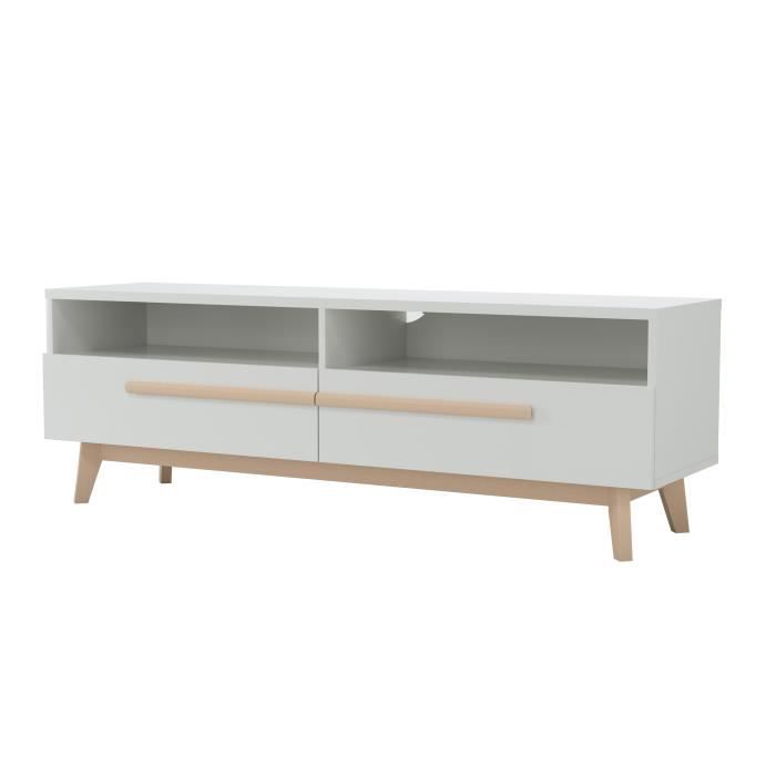 NAISS Meuble TV avec 2 tiroirs et 2 niches - Décor naturel et blanc - L 150 x H 50 x l 40 cm