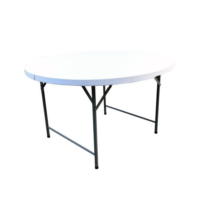 Table ronde de jardin pliable pour réception - Structure acier et plateau en Polyéthylène PEHD - Ø122 x H.74 cm - Blanc