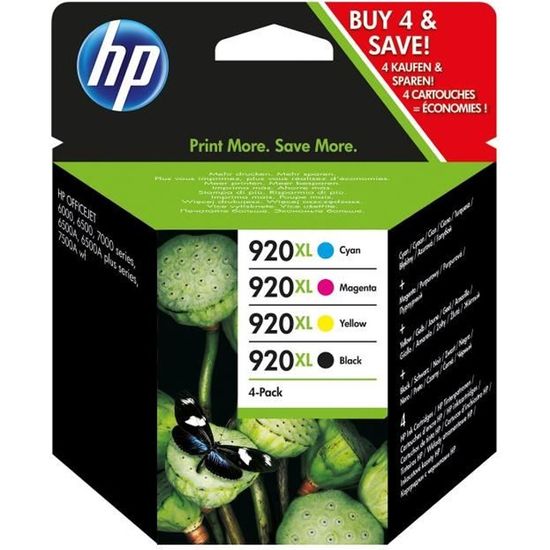 HP 920XL Pack de 4 cartouches d'encre noire et trois couleurs grande capacité authentiques (C2N92AE)