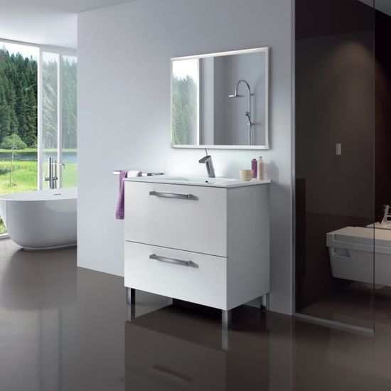 Ensemble de salle de bain URBAN - Meuble L 80 cm avec miroir - Blanc brillant - Tiroir(s) - Style contemporain