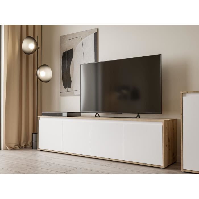  Meuble TV AUCUNE SKELPE 188,3 cm Blanc Mat et Ch&ecirc;ne - 4 portes