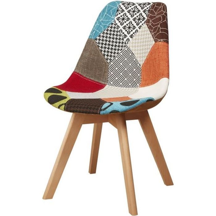 MARTINS Chaise en tissu patchwork bleu + pieds en bois naturel - Scandinave - L 51 x P 57 cm