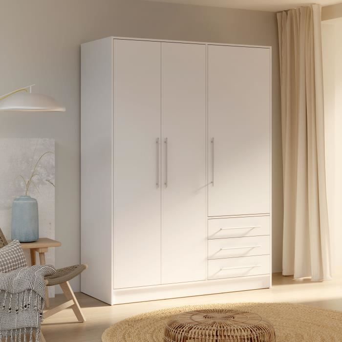 Armoire 3 portes battantes + 3 tiroirs - Bois aggloméré - Blanc - L 144,6 x P 60 x H 200 cm - JUPITE