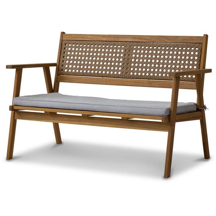 banquette de jardin lianza - 2 places - acacia et cannage en résine tressée - l121 x h71 x p78 cm