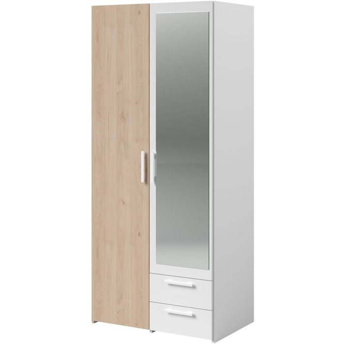 Armoire VARIA - Décor chêne et blanc - 2 portes - Miroir - L 807 x P 517 x H 185 cm - PARISOT