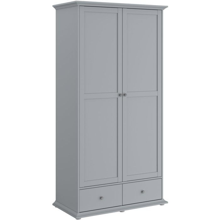 Armoire de chambre - MARGAUX - Gris galet- 2 portes + 2 tiroirs - Style charme - L104 x P53 x H202 cm