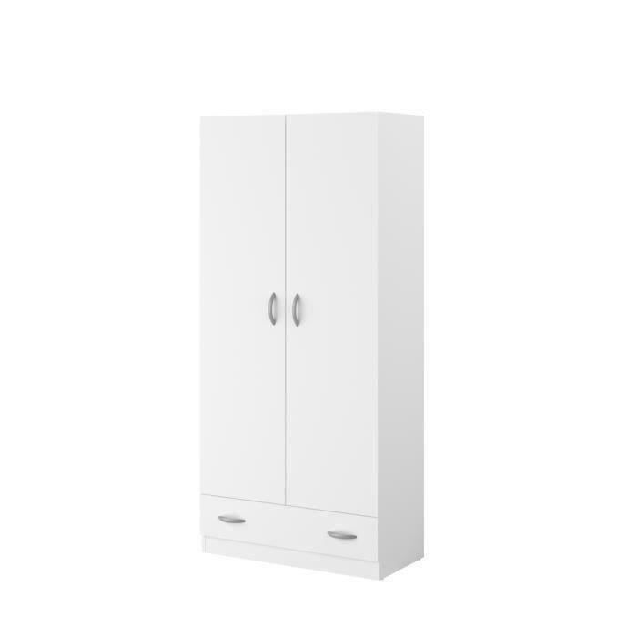 Armoire VARIA 2 portes battantes + 1 tiroir - Décor Blanc - L 78 cm x P 38 cm x H 170 cm - PARISOT