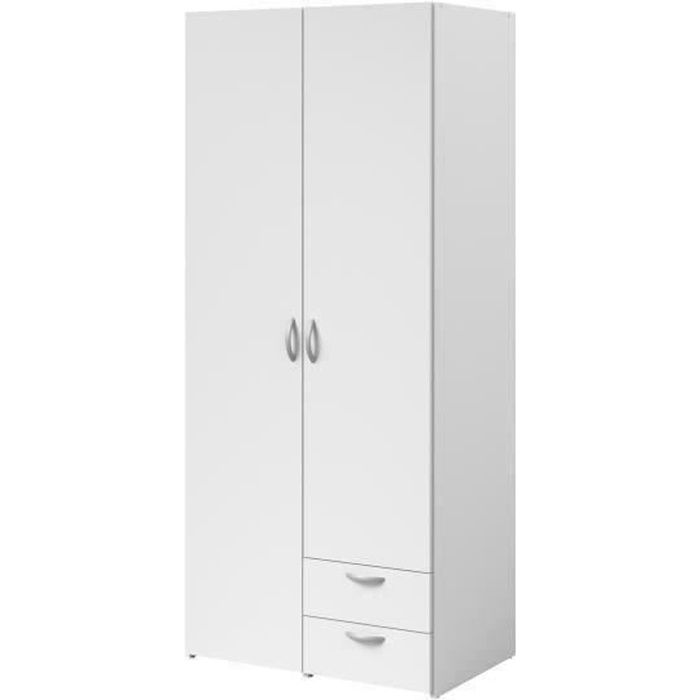 Armoire VARIA - Décor blanc - 2 portes battantes + 2 tiroirs - L 81 cm x H 185 x P 51 cm - PARISOT