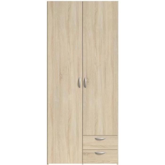 Armoire VARIA - Décor chêne - 2 portes battantes + 2 tiroirs - L 81 x H 185 x P 51 cm - PARISOT