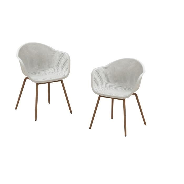 lot de 2 fauteuils de jardin scandinave - assise en plastique, pied en acier avec décor bois naturel - blanc