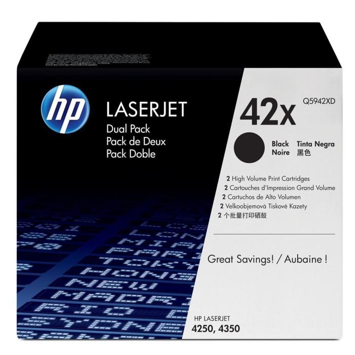 HP 42X pack de 2 toners LaserJet noirs grande capacité authentiques Q5942XD pour HP LaserJet 424042504350
