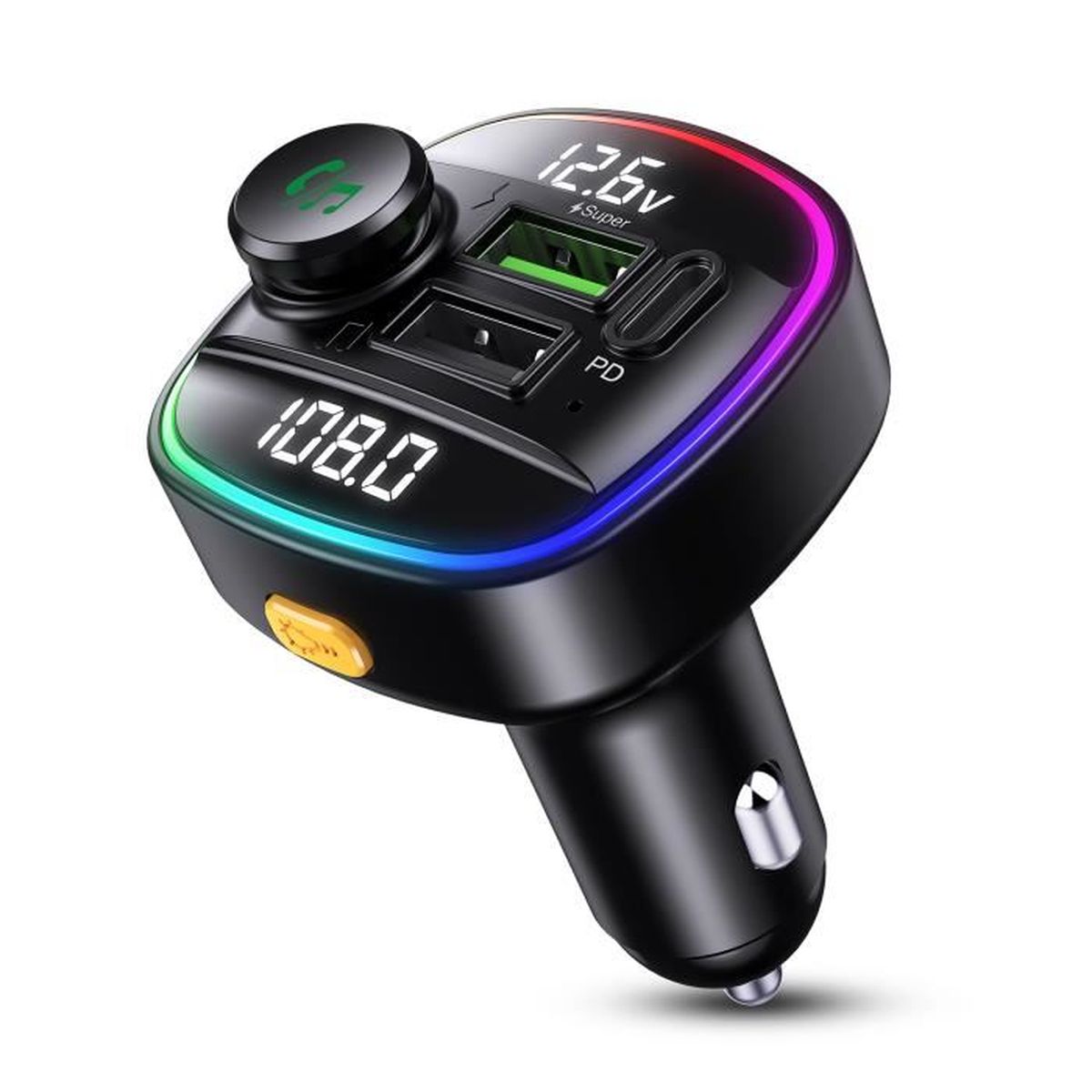 Transmetteur FM Bluetooth Voiture + Chargeur Allume Cigare 69W - 4 Ports, 2 Câbles Rétractables, Bluetooth 5.3, Lecteur USB - Pour Anciens Autoradios - 5