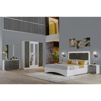 Chambre complète 160x200 Blanc/Marbre gris brillant à led - MARGUERITE - Gris - Bois - Cadre de lit : L 167 x l 208 x H 119 cm - Co