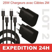 Chargeur Secteur Rapide 25W + Cable USB C 2M lot de 2 pour SAMSUNG S22 5G-S22 ULTRA 5G-S21 FE 5G-S21-S21 PLUS-S20 FE-S20-NOTE 20- A5