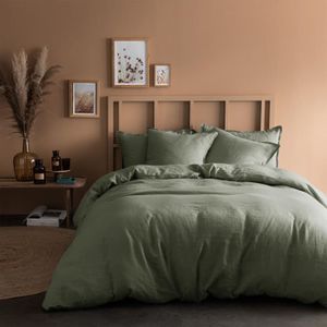 Parure de lit lin et coton lavé PAMPELUNE blanc / vert 240 x 220 cm