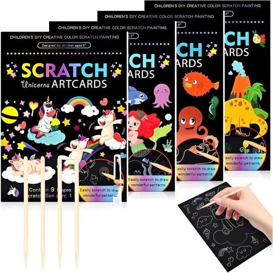 Kit Scratch Art BEELUKY – 4 Livres Avec 36 Cartes à Gratter Et 4 Stylets – Thèmes : Animaux, Dinos, Espace, Océans – Dès 3 Ans