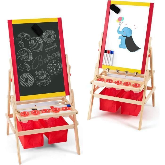 GOPLUS Chevalet Enfants en Bois Double Face 3 en 1,Tableau Noir/Blanc Magnétique avec Boîte de Rangement et Accessoires Complet