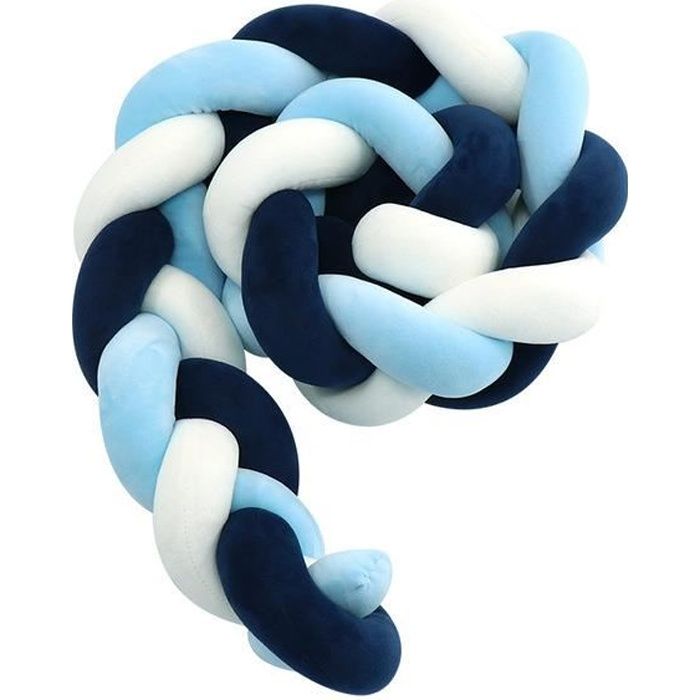 Tour de lit bebe 150 cm - tour de lit tresse bebe fille et les garçon coussin serpent bébé Bleu foncé-blanc-bleu