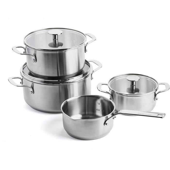 BATTERIE DE CUISINE KitchenAid Batterie De Cuisine, Faitouts en Inox avec couvercles + Casserole avec 2 becs verseurs, 16-20-24c32